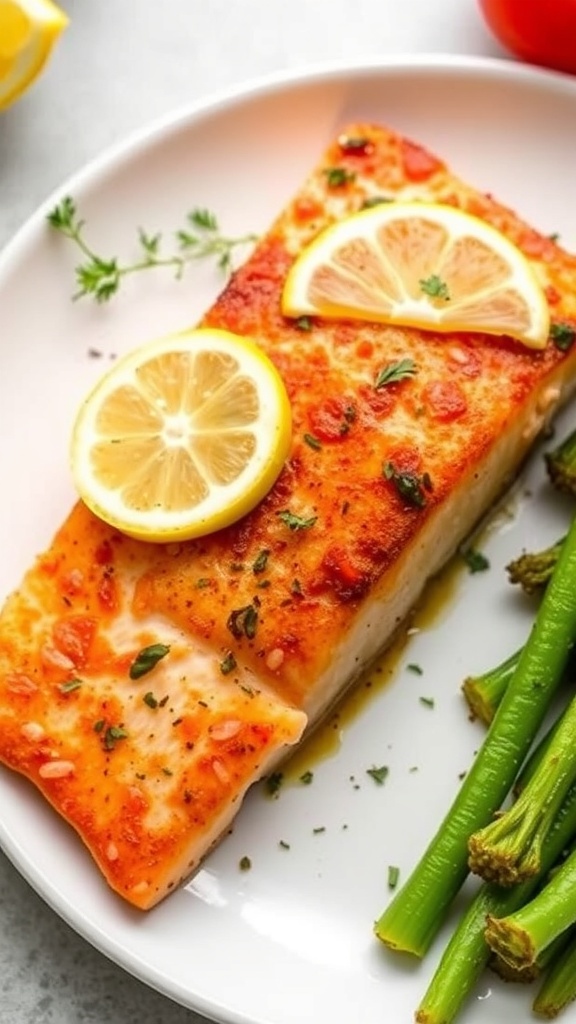 Crispy air fryer salmon fillet garnished with lemon and herbs, served with vegetables on a white plate.